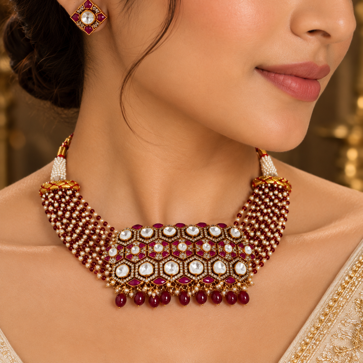 925 Sterling Silver Polki Moissanite Traditional Bridal Necklace