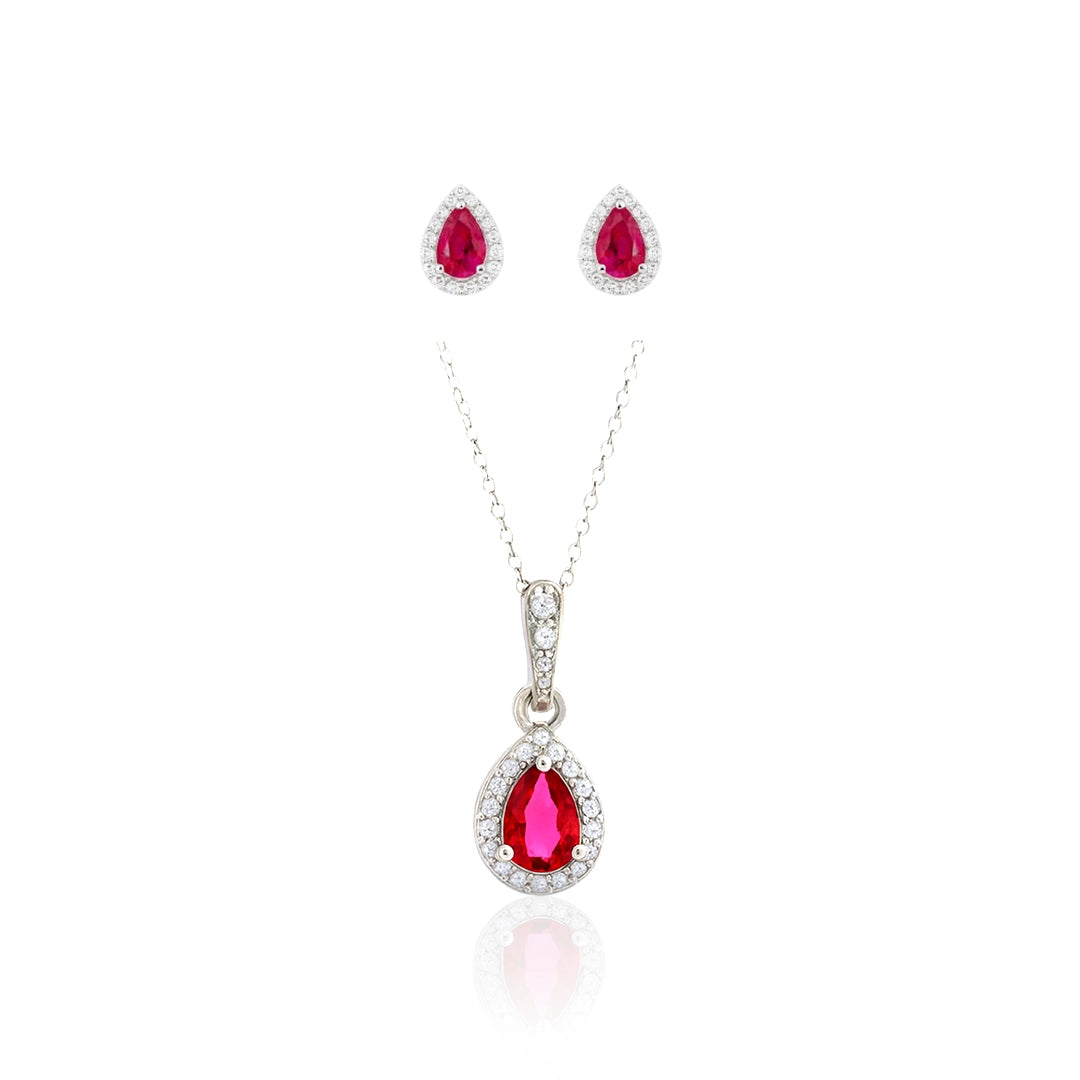 Ruby Dewdrop - 92.5 Silver Pendant Set