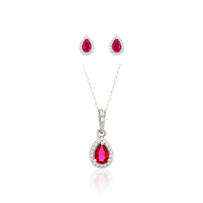 Ruby Dewdrop - 92.5 Silver Pendant Set