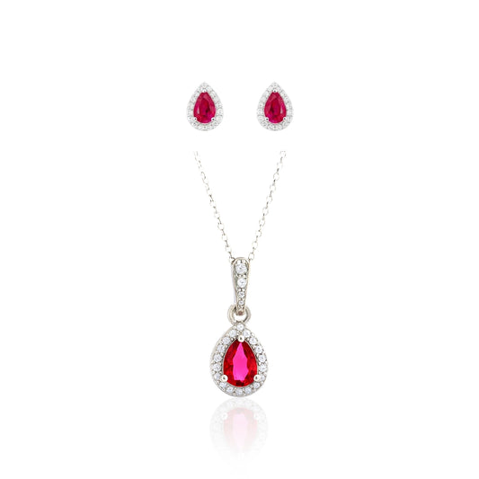 Ruby Dewdrop - 92.5 Silver Pendant Set