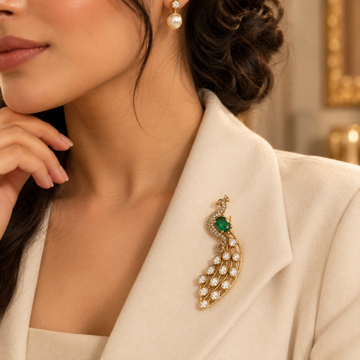 925 Silver Gold Plated Emerald Green Peacock Brooch