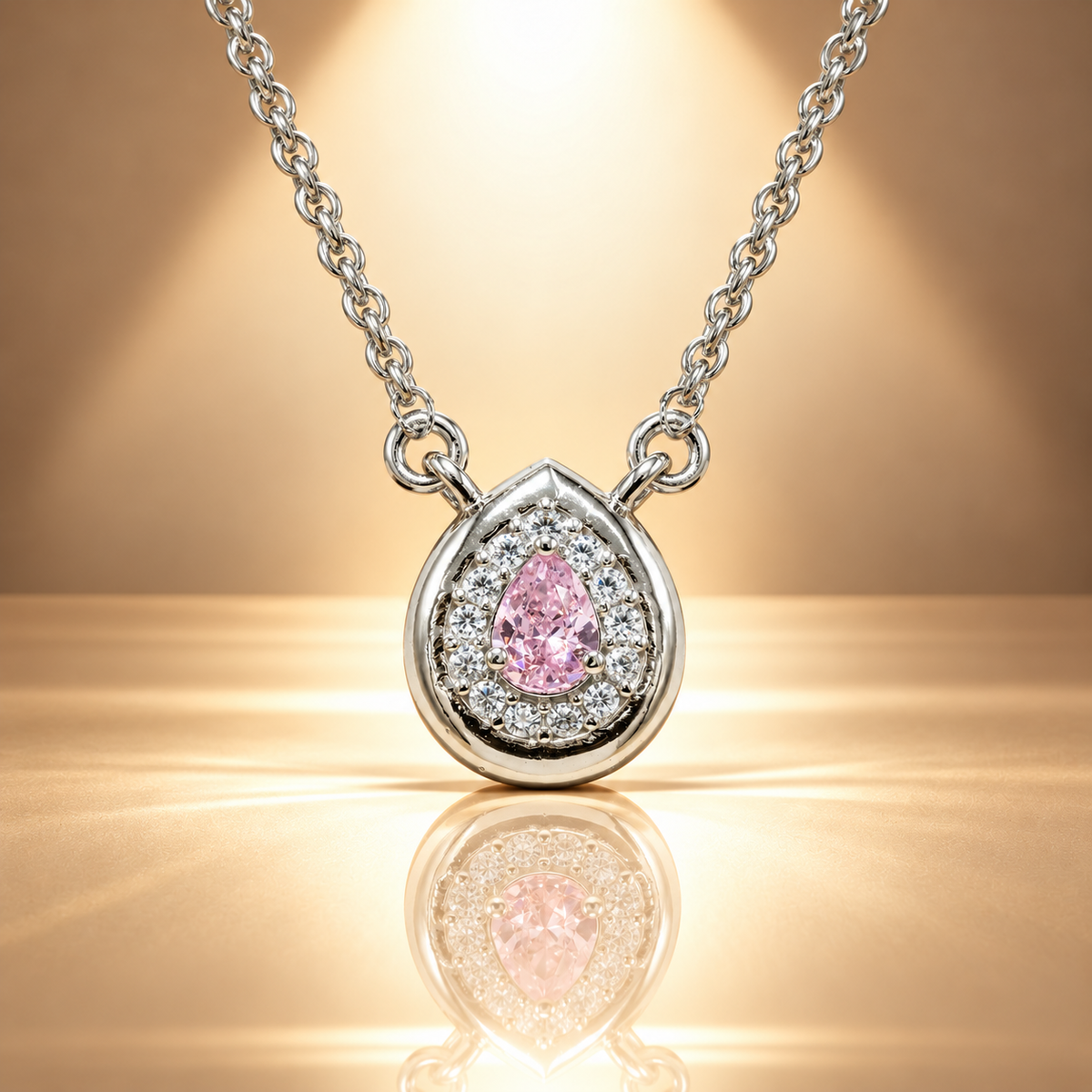 925 Silver Pink Teardrop Halo Pendant Chain