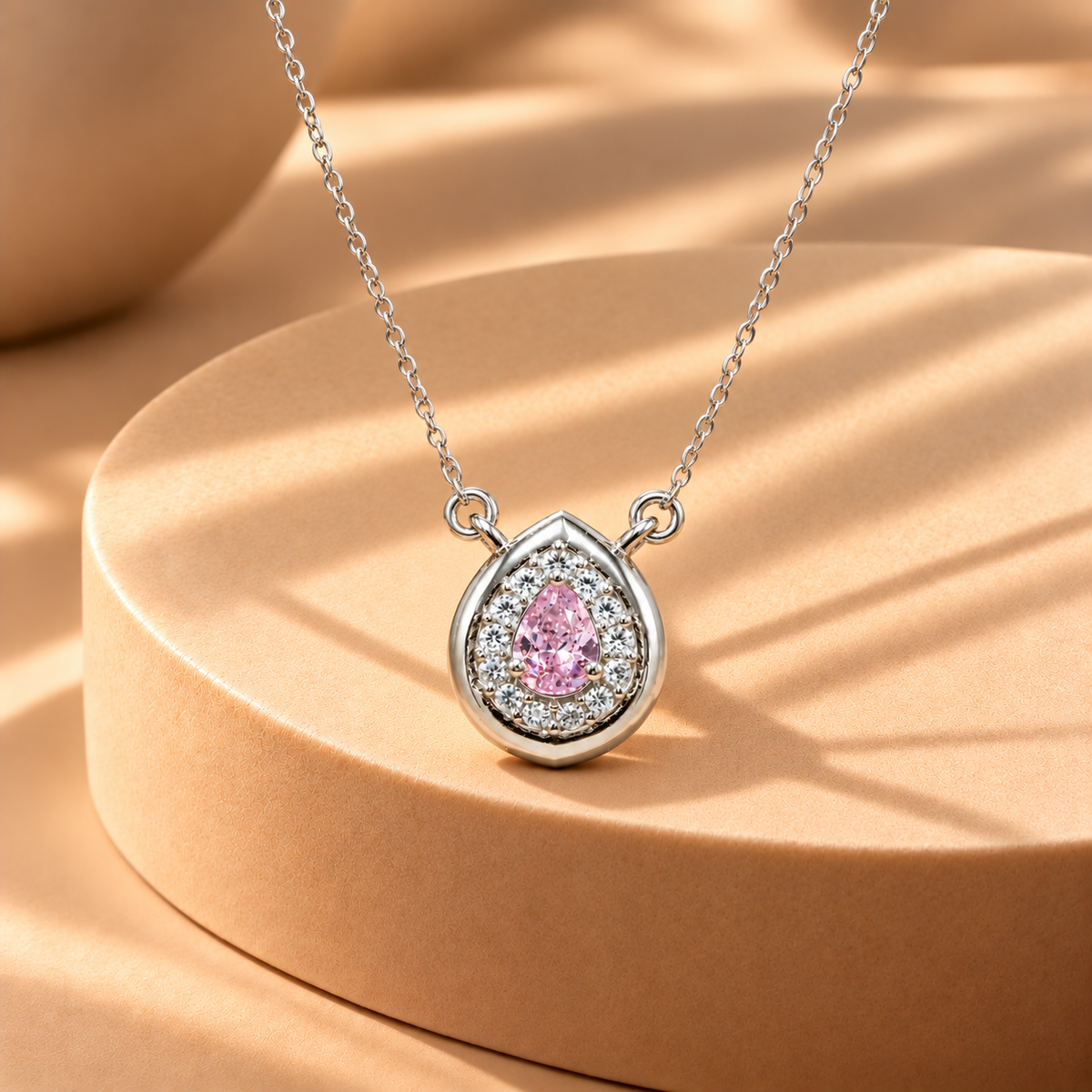925 Silver Pink Teardrop Halo Pendant Chain