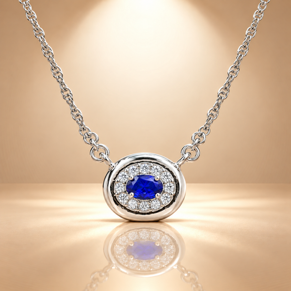 925 Sterling Silver Blue Quartz Moissanite Halo Pendant Chain