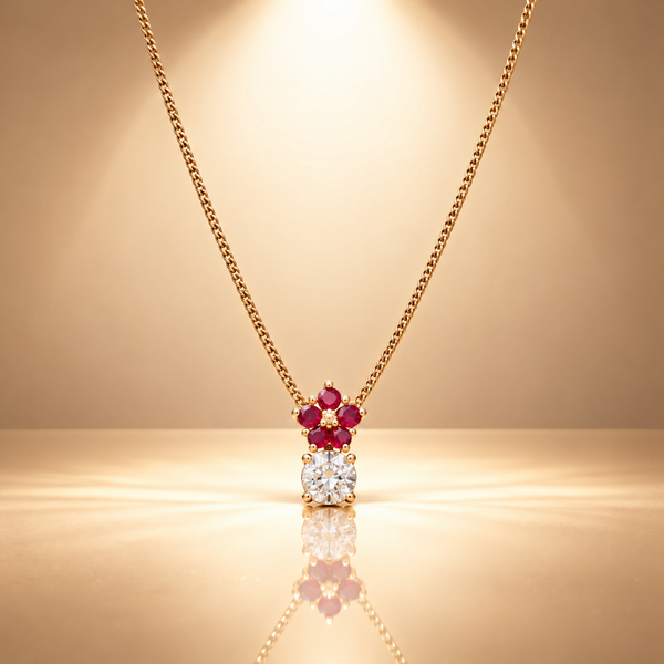 925 Silver Moissanite Red Flower Pendant Chain