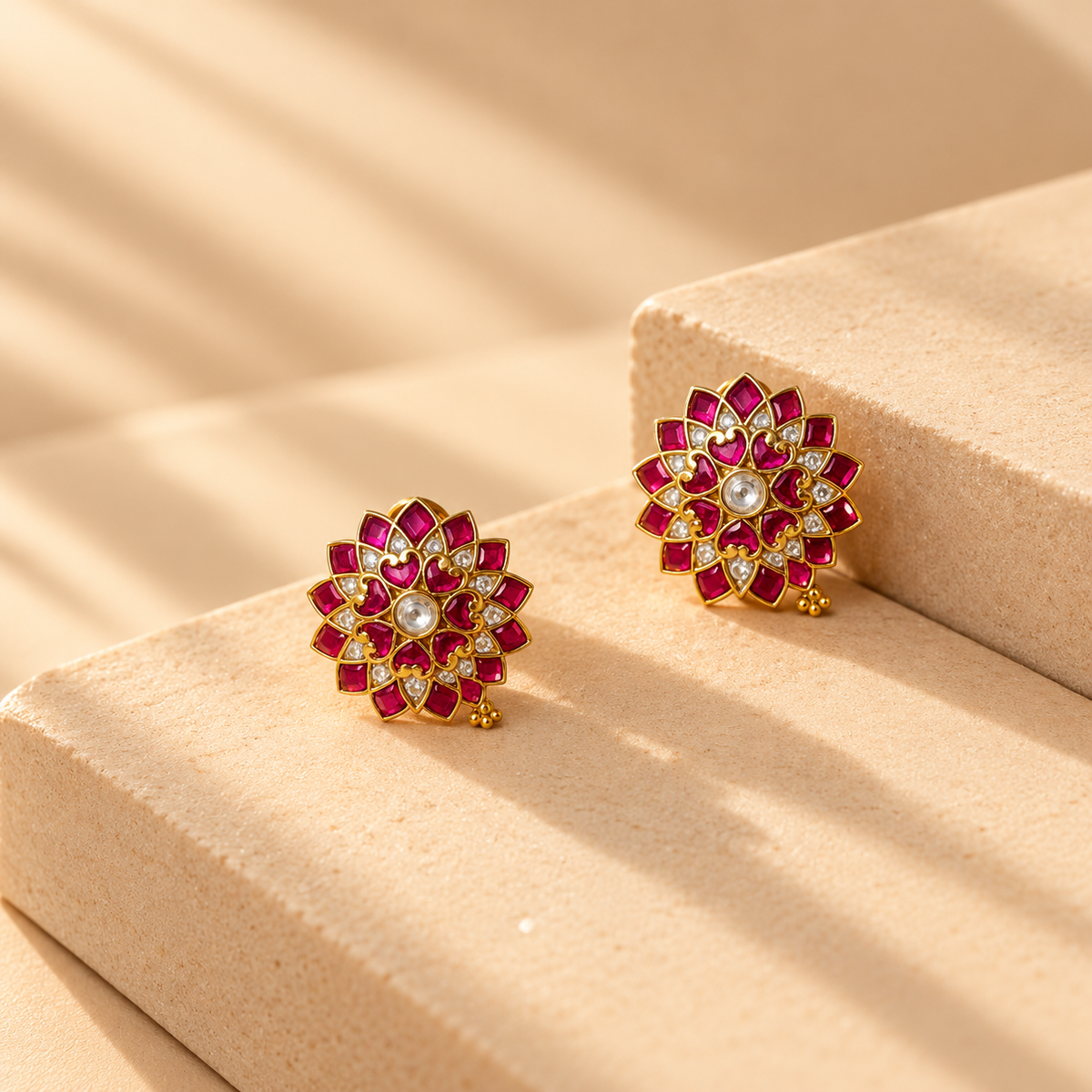Pink Kundan Floral Stud Earrings for Women