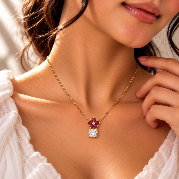 925 Silver Moissanite Red Flower Pendant Chain