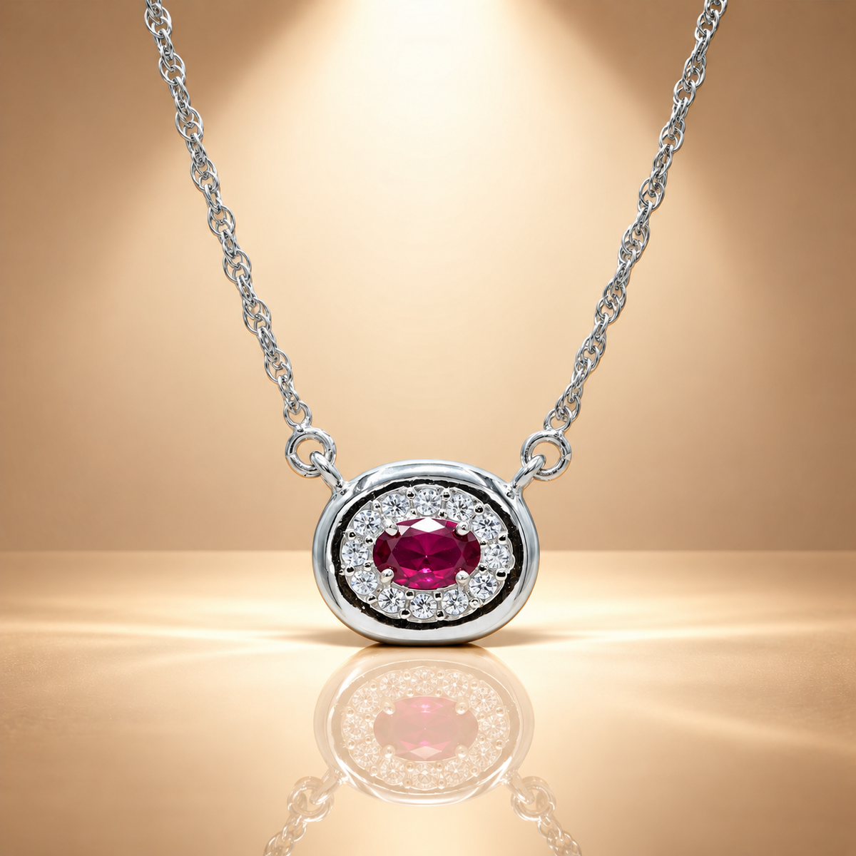 925 Silver Oval Pink Quartz Moissanite Halo Chain Pendant