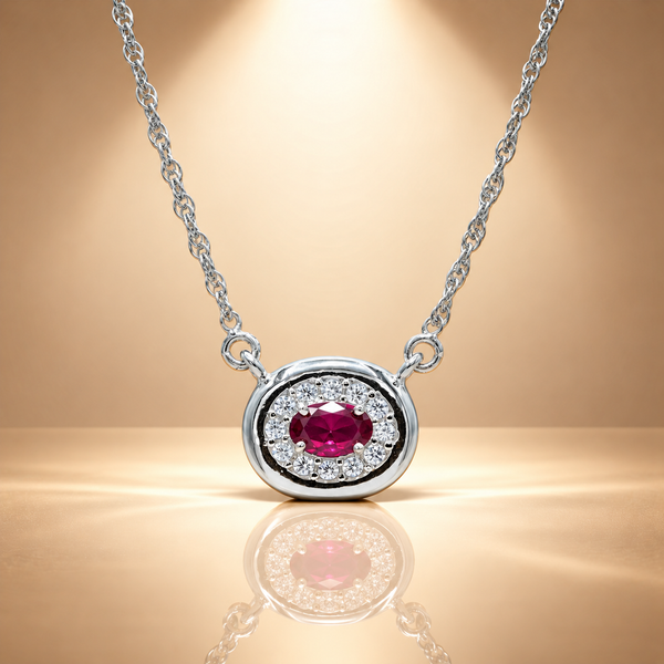 925 Silver Oval Pink Quartz Moissanite Halo Chain Pendant