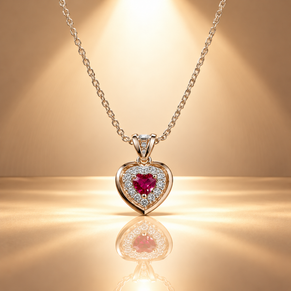 925 Silver Moissanite Red Heart Quartz Chain Pendant