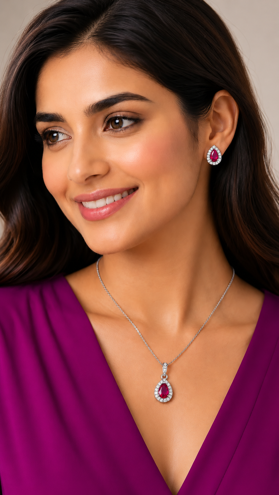 Ruby Dewdrop - 92.5 Silver Pendant Set
