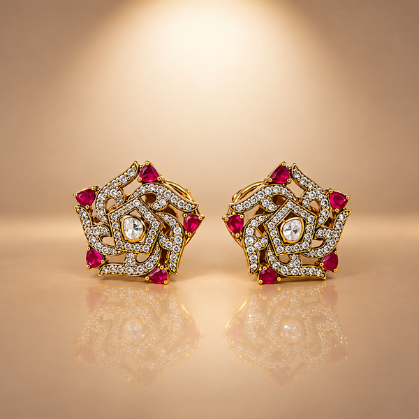 925 Silver Gold Plated Polki Quartz Floral Earrings