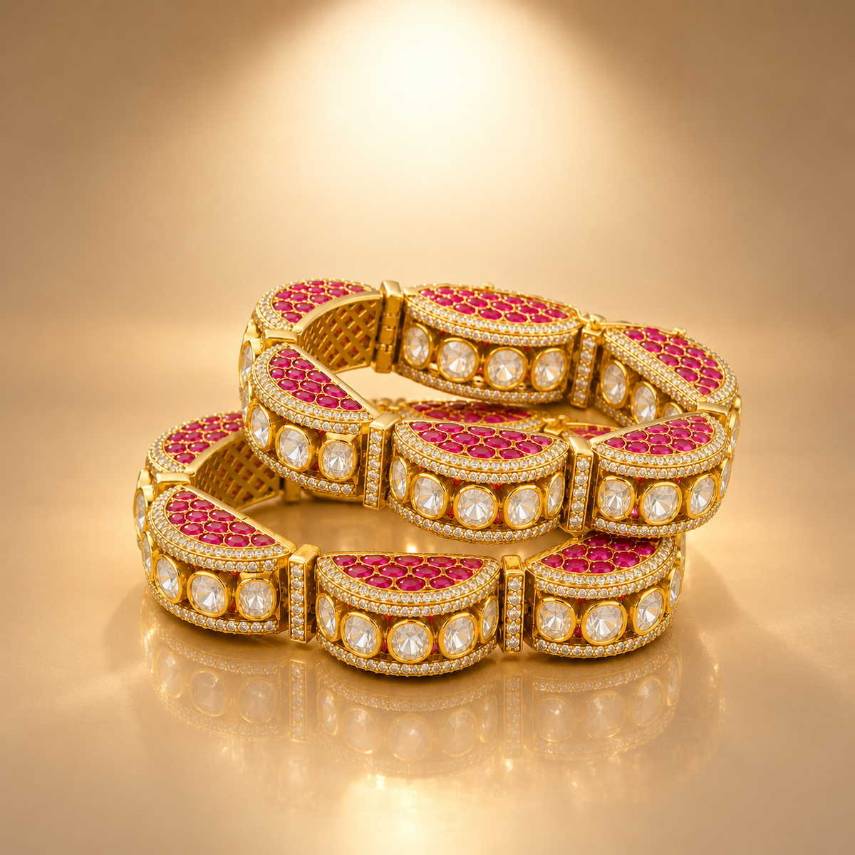 925 Silver Moissanite Polki Ruby Bangle Set