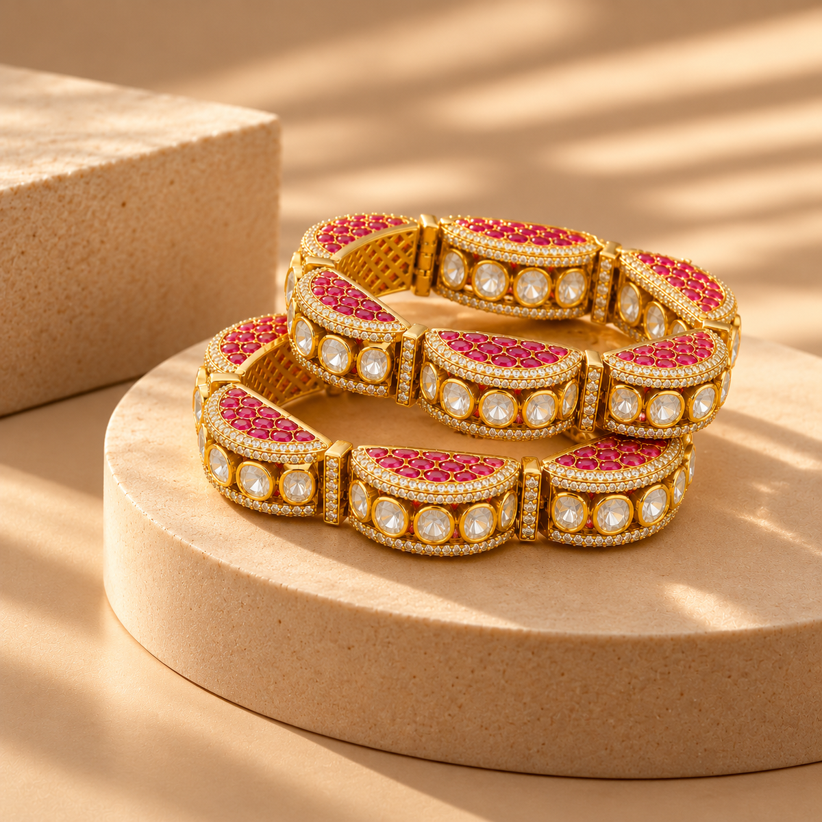 925 Silver Moissanite Polki Ruby Bangle Set