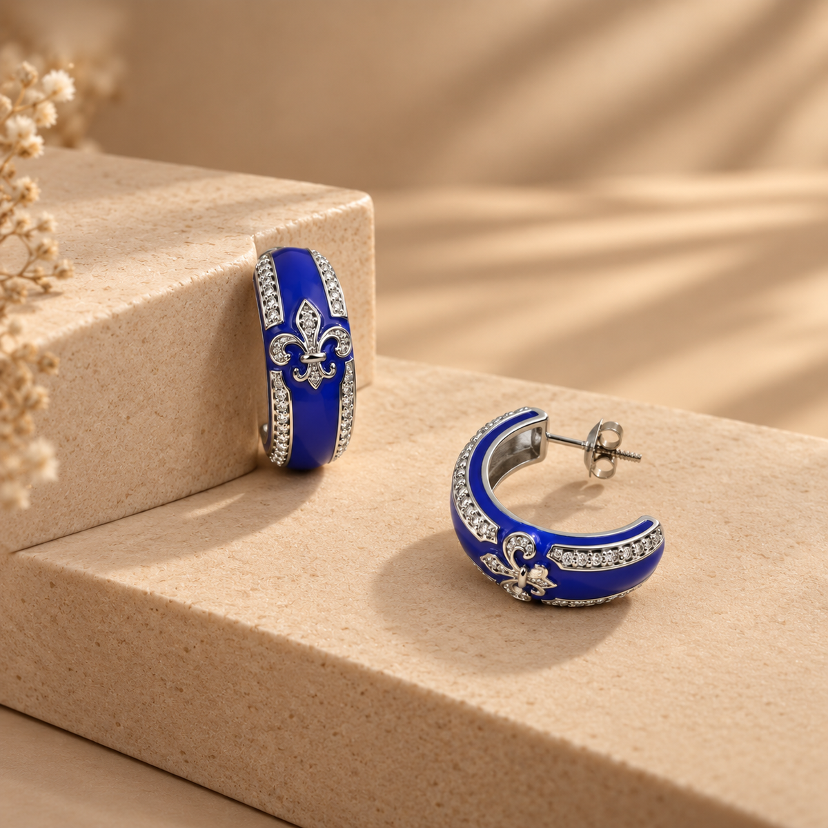 925 Silver Blue Enamel Fleur De Lis Hoop Earrings