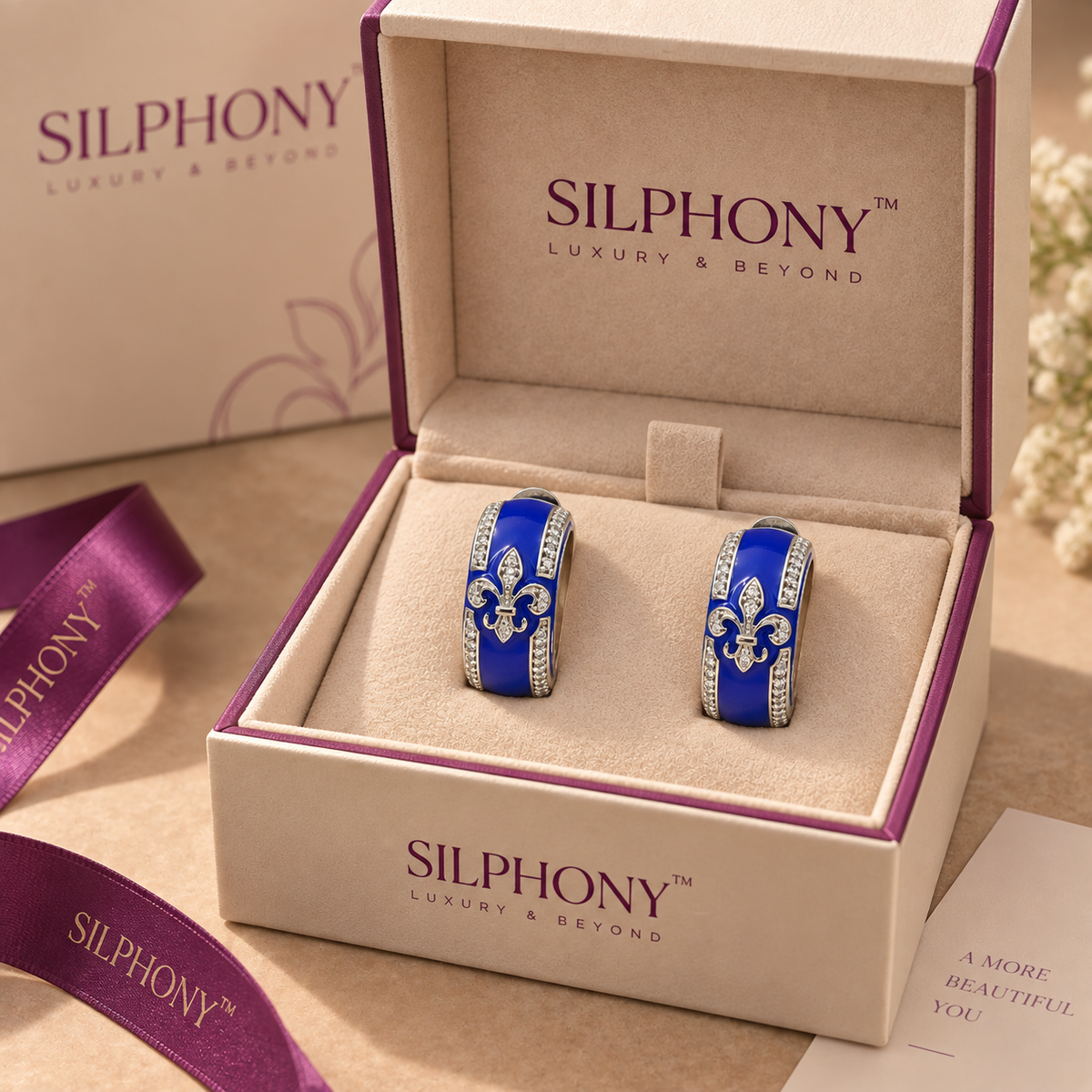 925 Silver Blue Enamel Fleur De Lis Hoop Earrings