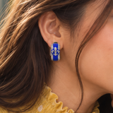 925 Silver Blue Enamel Fleur De Lis Hoop Earrings