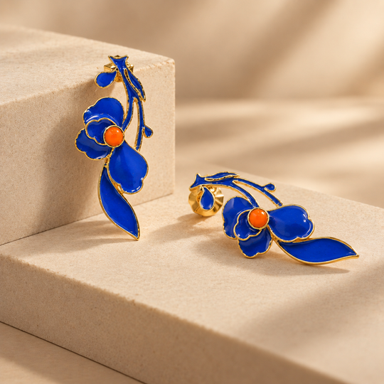 Blue Floral Enamel Drop Statement Earrings