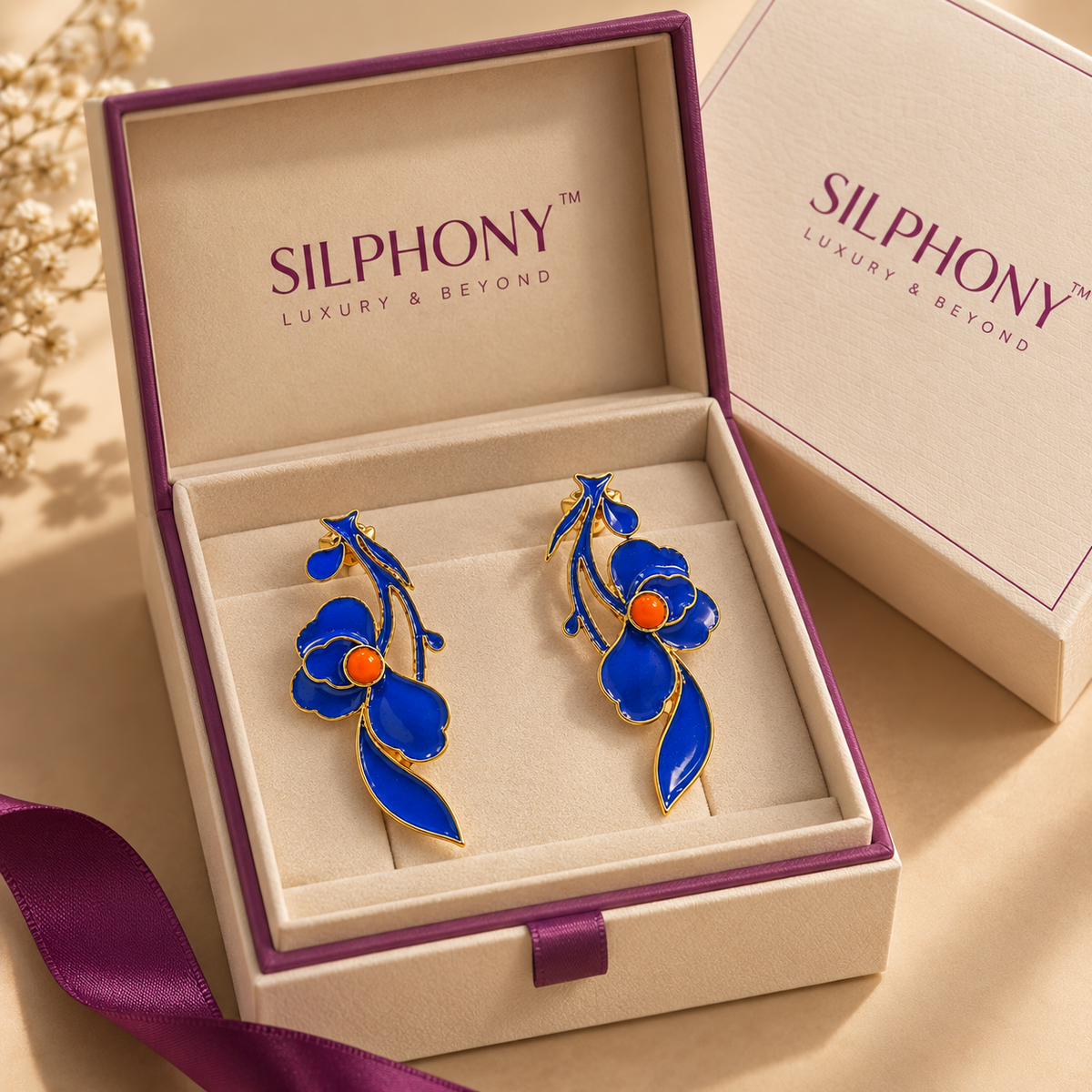 925 Silver Blue Enamel Floral Drop Earrings