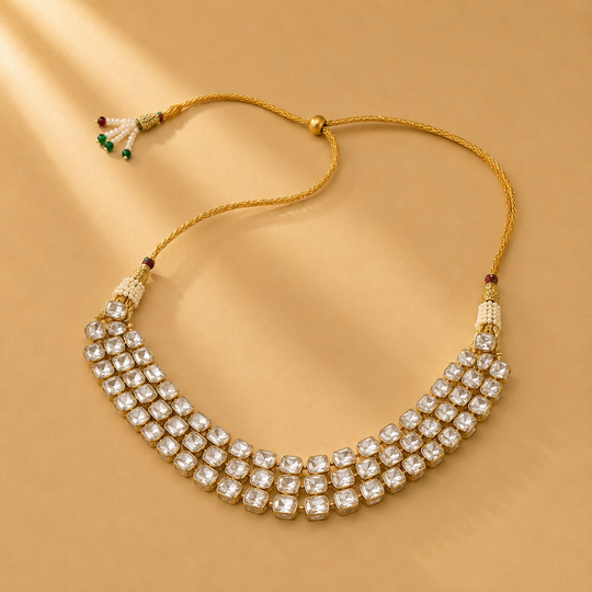 925 Sterling Silver Polki with Moissanite & Pearl Traditional Statement Necklace