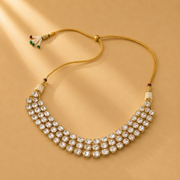 925 Sterling Silver Polki with Moissanite & Pearl Traditional Statement Necklace