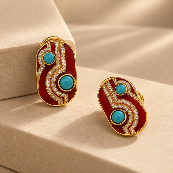 Red Enamel & Turquoise Statement Stud Earrings