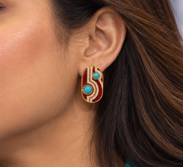 Red Enamel & Turquoise Statement Stud Earrings