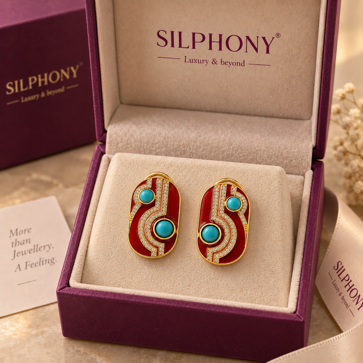 Red Enamel Turquoise Statement Earrings For Women