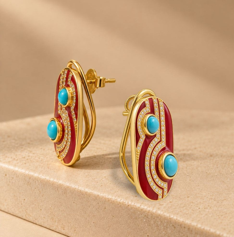 Red Enamel Turquoise Statement Earrings For Women