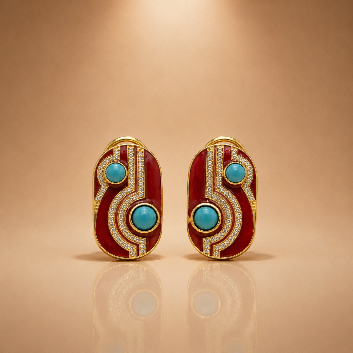Red Enamel & Turquoise Statement Stud Earrings