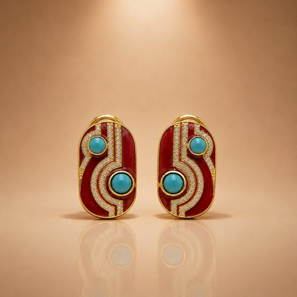 Red Enamel & Turquoise Statement Stud Earrings