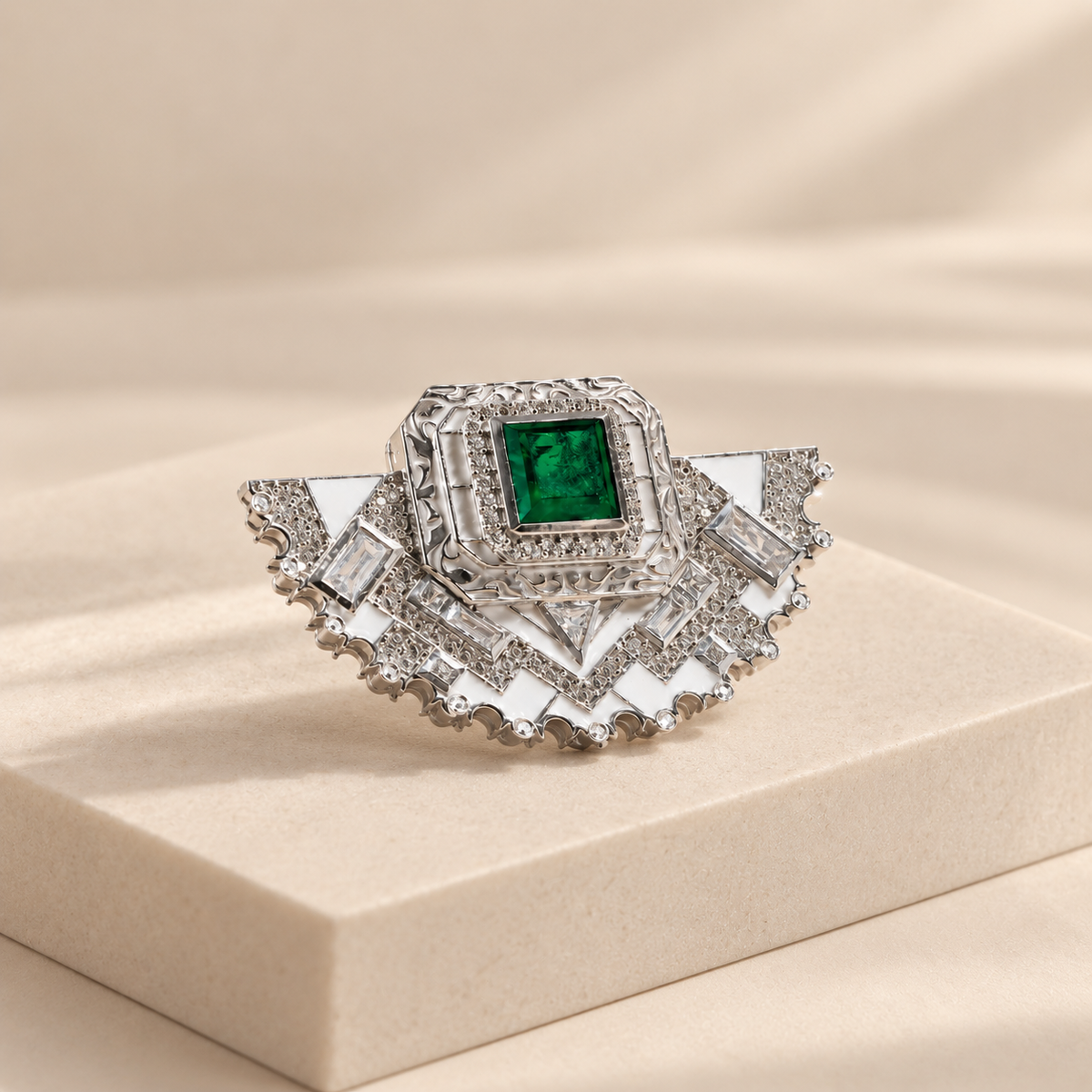 925 Sterling Silver Green Ornate Filigree Brooch