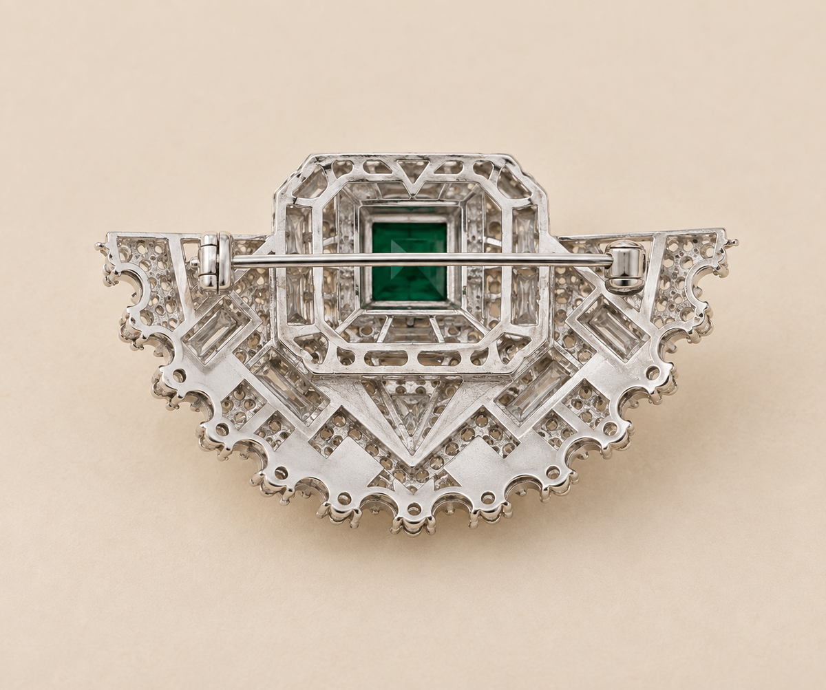 925 Sterling Silver Green Ornate Filigree Brooch