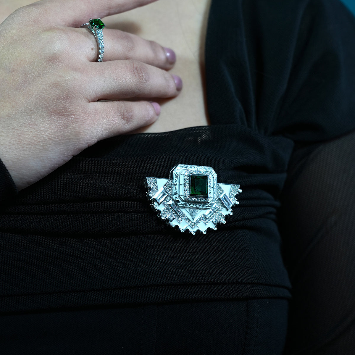925 Silver Emerald Green Statement Brooch