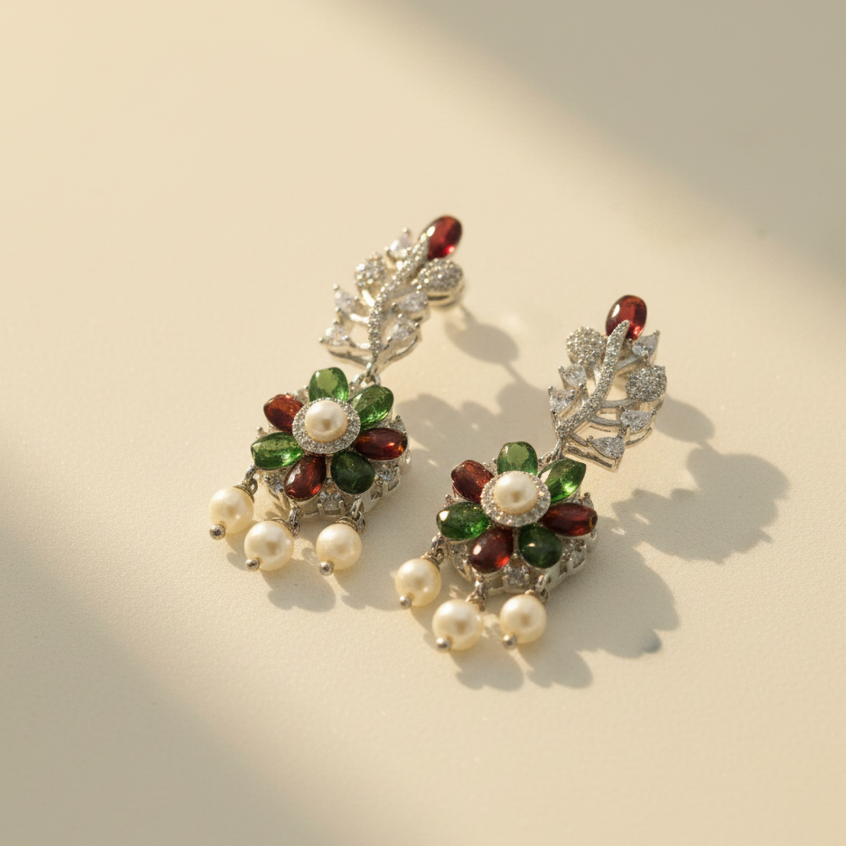 925 Silver Multicolor Floral Earrings with Pearl Drops