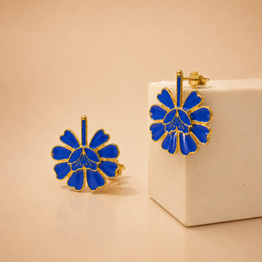 Blue Flower Drop Statement Earrings