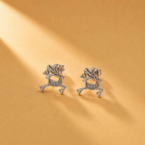 Reindeer 925 Sterling Silver with Moissanite Cute Animal Inspired Stud Earrings,