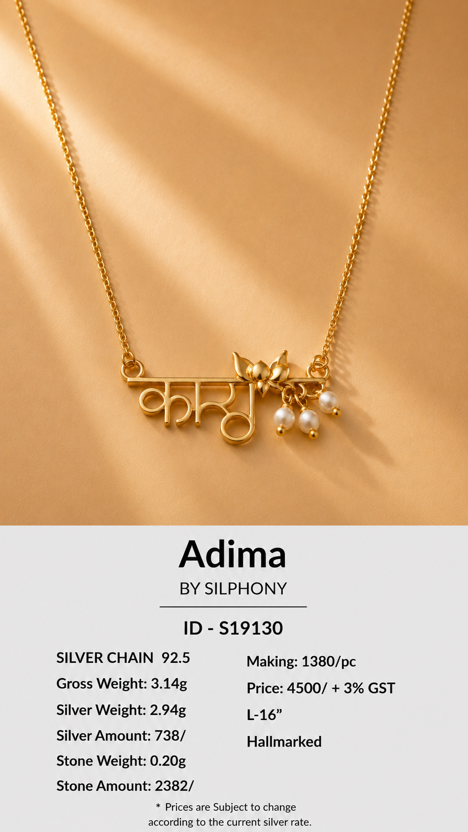 Floral 925 Sterling Silver Devanagari Script Pendant Necklace with Pearl Dangles |16 Inch Silver Chain