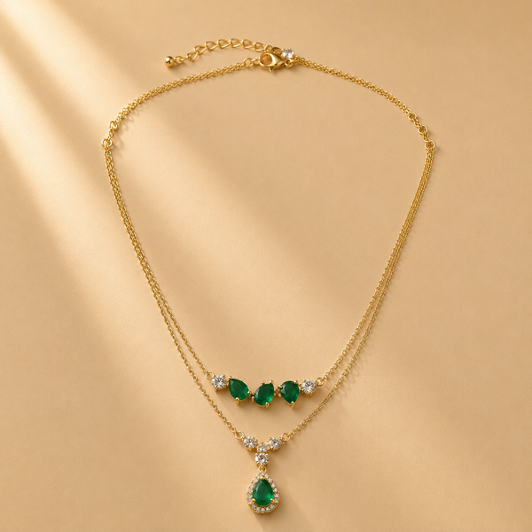 925 Sterling Silver Green Quartz Layered with Moissanite Chain Statement Pendant