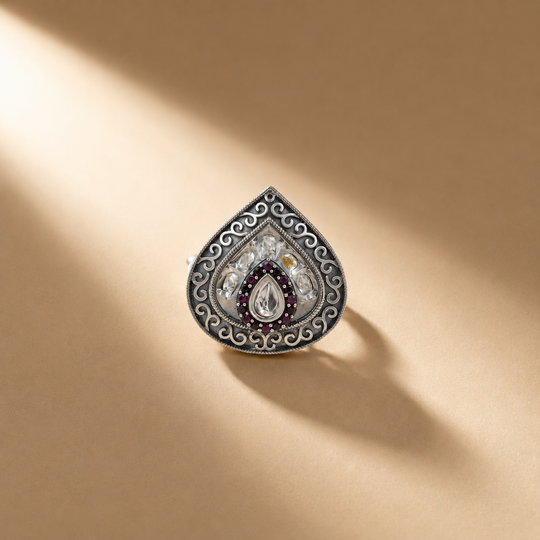 Antique Oxidized Silver Teardrop Cocktail Ring | Statement Jewellery for Her
