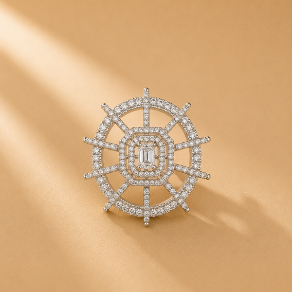 925 Silver Ship Wheel Brooch with Sparkling Stones