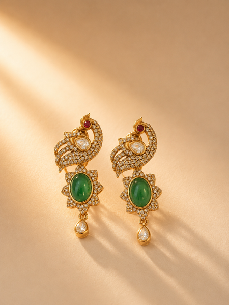 925 Silver Emerald Green Moissanite Polki Peacock Earrings