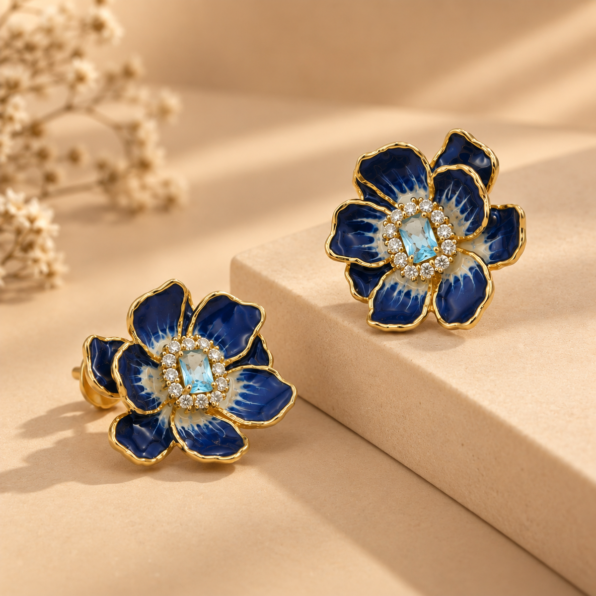 Blue Enamel Flower Stud Earrings