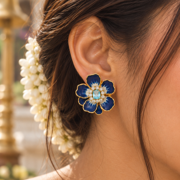 Blue Floral Enamel Flower Stud Earrings
