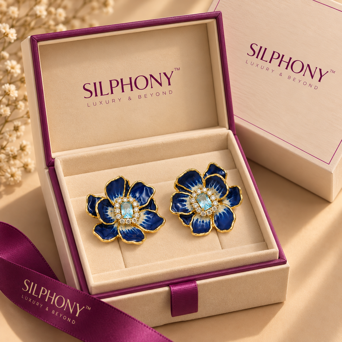 Blue Enamel Flower Stud Earrings