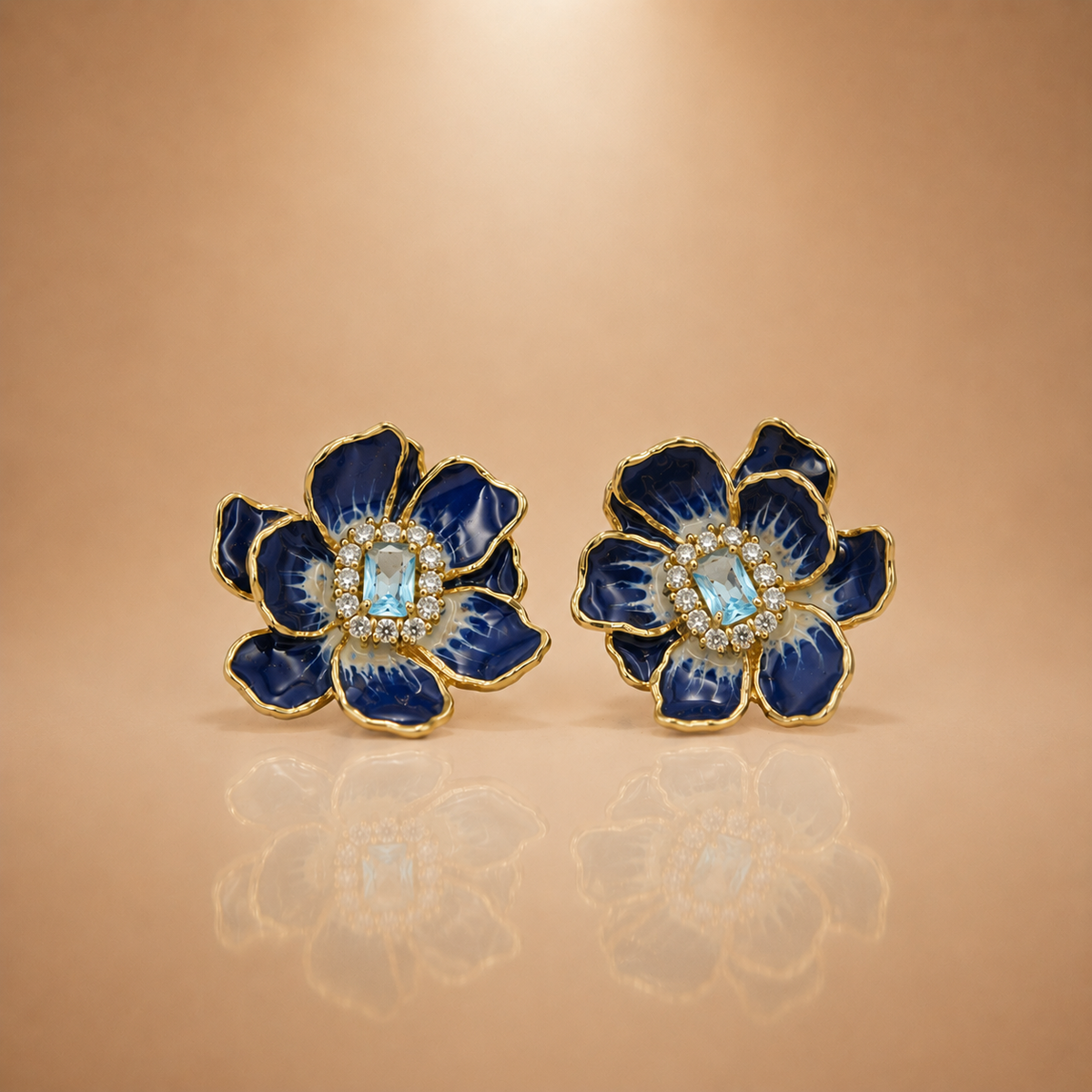 Blue Floral Enamel Flower Stud Earrings