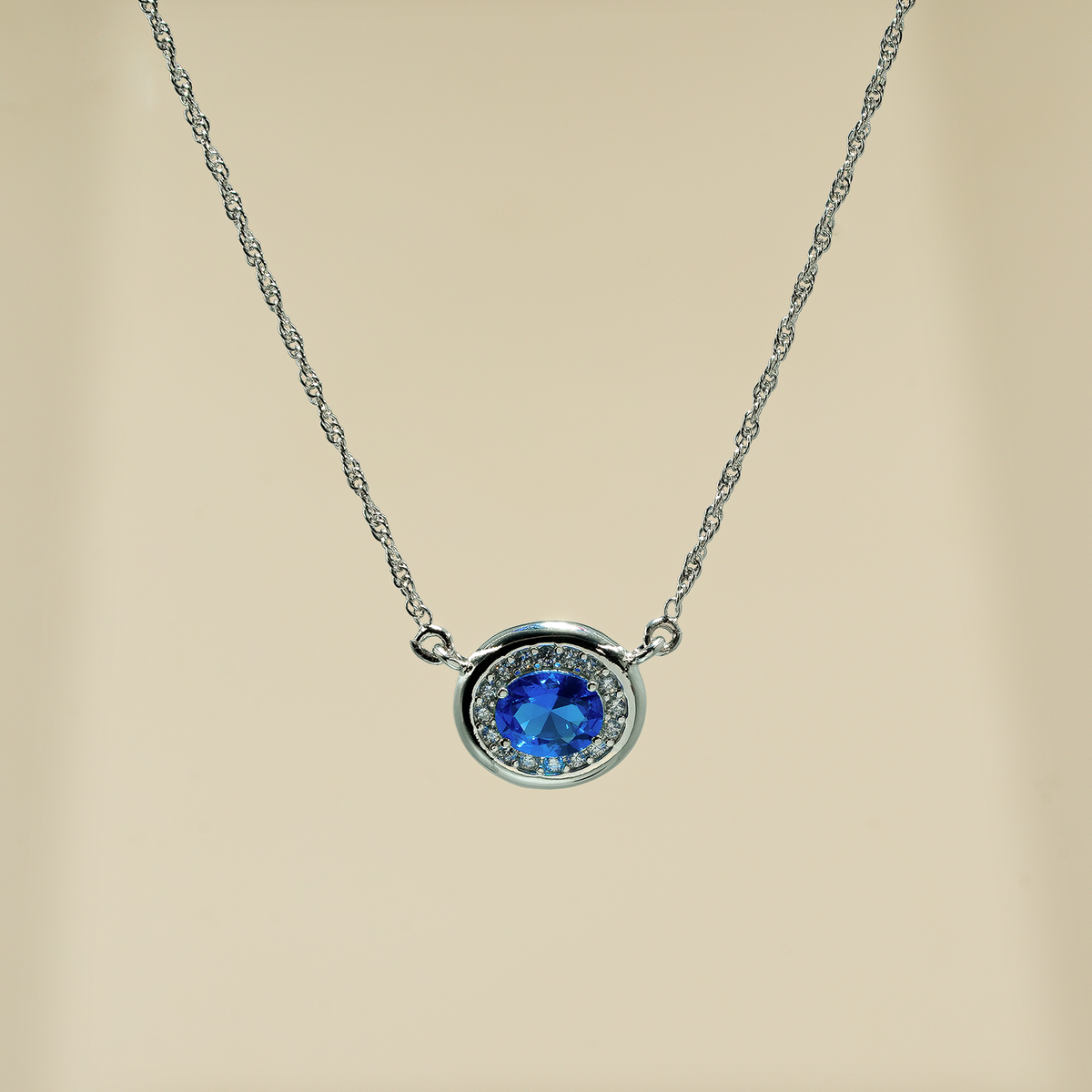 925 Sterling Silver Blue Quartz with Moissanite | Oval Blue Gemstone Chain Pendant