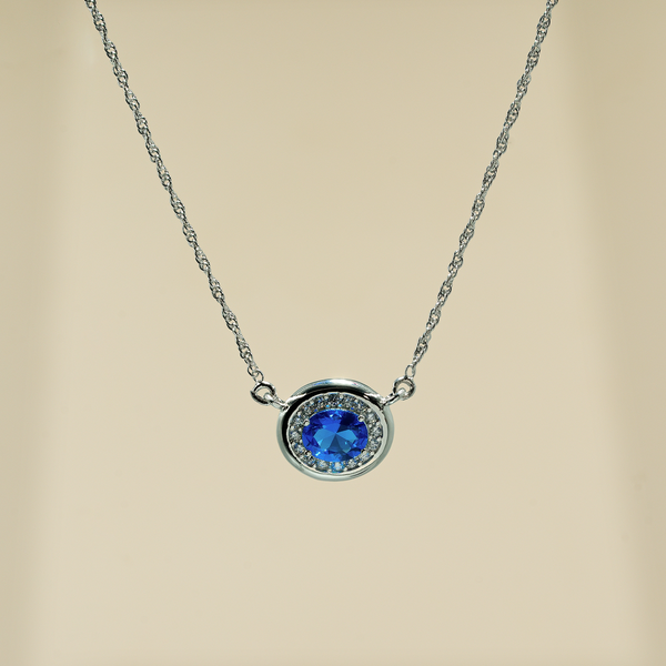 925 Sterling Silver Blue Quartz with Moissanite | Oval Blue Gemstone Chain Pendant