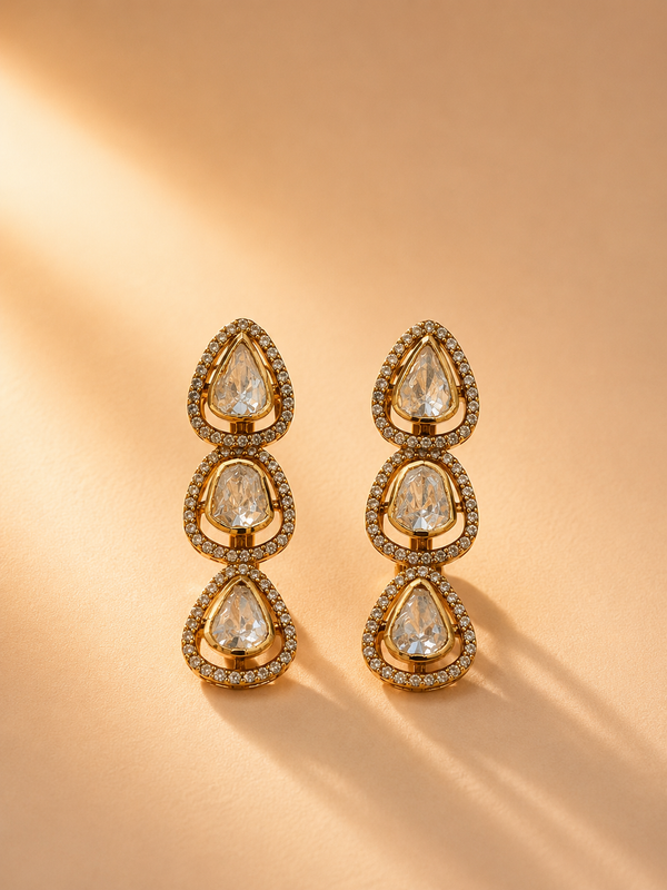 925 Sterling Silver Polki & Moissanite Long Drop Designer Earrings