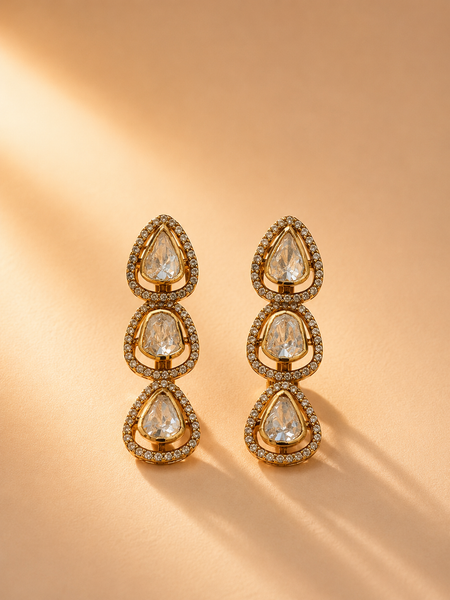 925 Sterling Silver Polki & Moissanite Long Drop Designer Earrings